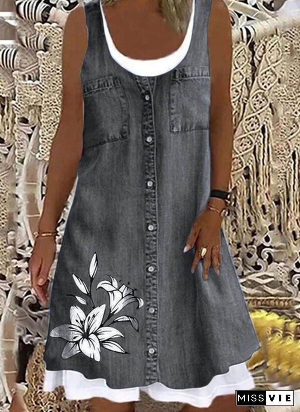 Women's Dress Summer New Fashion Women's Flower Denim Fake Two-piece Printed Casual Sleeveless Round Neck Dress Loose Plus Size Soft and Comfortable Summer Dress XS-5XL