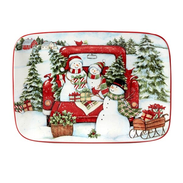 Certified International Red Truck Snowman Rectangular Platter，14 X 10