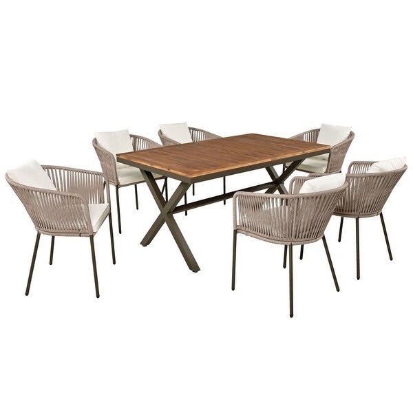 7Pieces Outdoor Dining Set with Chairs and Acacia Wood Tabletop，for Garden，Backyard，Patio