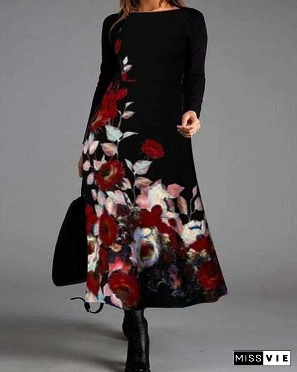 Elegant Flower Long Sleeve Round Neck Maxi Dress