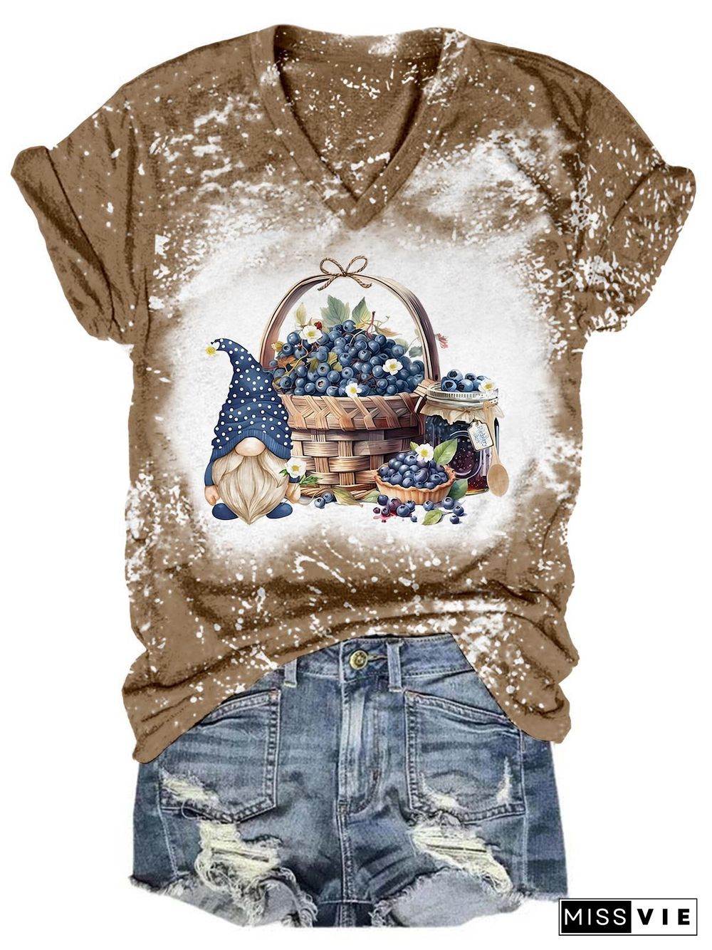 Blueberry Jam Gnome Tie Dye V Neck T-Shirt