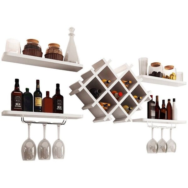 White 5 Piece Wall Mounted Wine Rack Set with Storage Shelves - 20.3