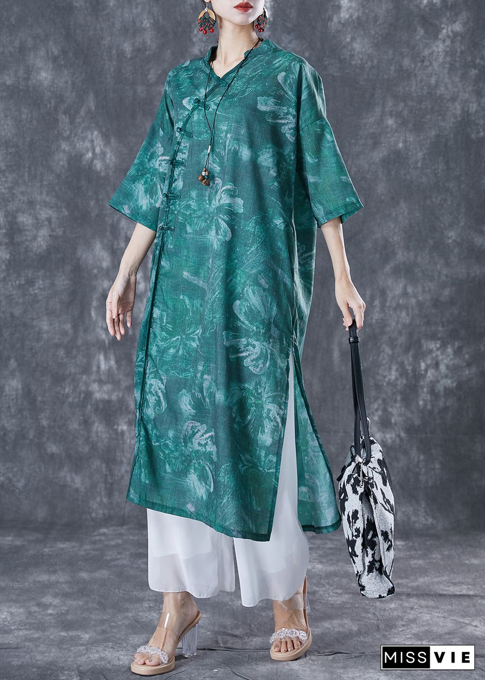 Chinese Style Blackish Green Oversized Print Linen Long Dress Summer