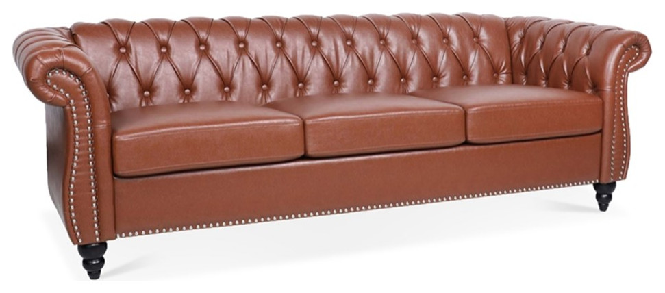 CRO Decor 84  x27BROWN PU Rolled Arm Chesterfield Three Seater Sofa Brown   Traditional   Sofas   by Homesquare  Houzz