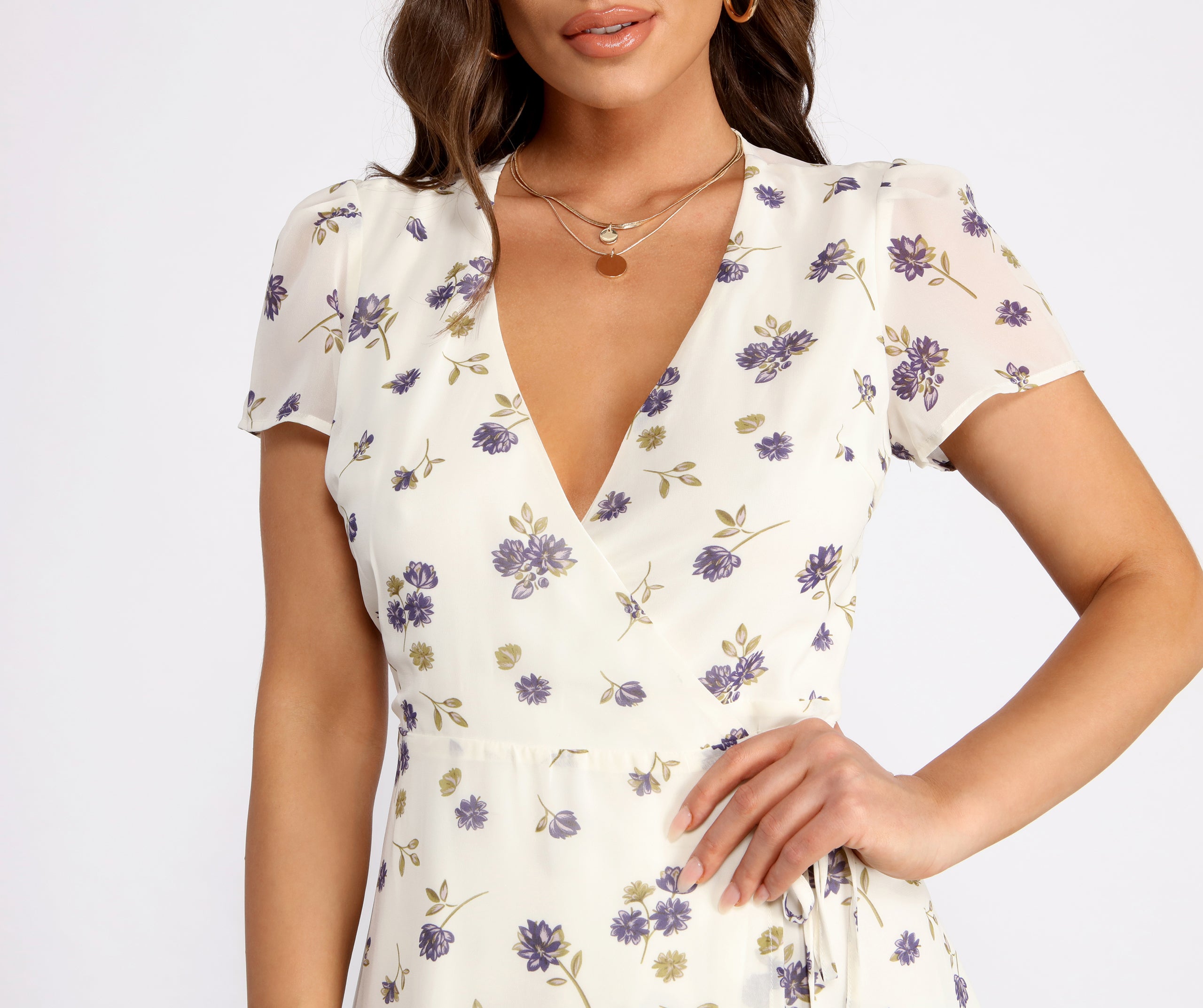 Romantic Blooms Floral Chiffon Wrap Mini Dress