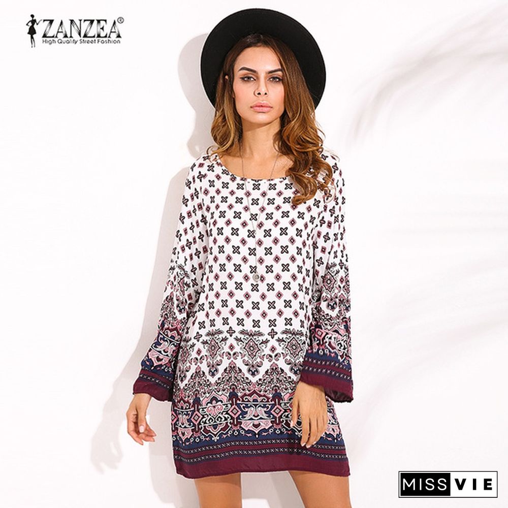 Zanzea Women Round Neck Floral Print Mini Dress Boho Ladies Casual Loose Long Tops Shirt Blouse