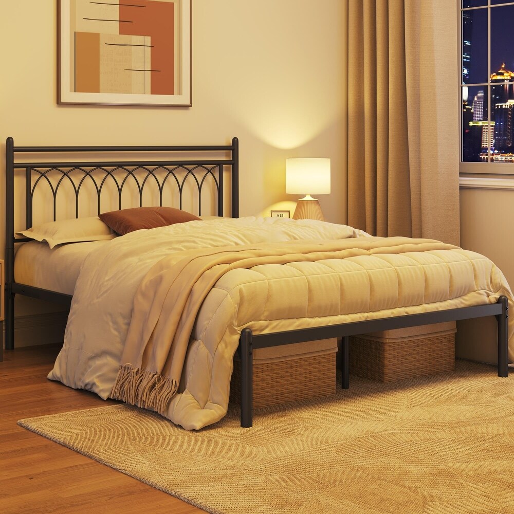 Modern Queen Size Metal Platform Bed Frame with Petal Accented Headboard  Spacious Underbed Storage