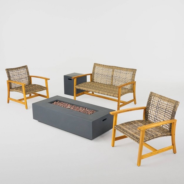Augusta 5pc Wood amp Wicker Chat Set With Fire Pit Natural gray dark Gray Christopher Knight Home