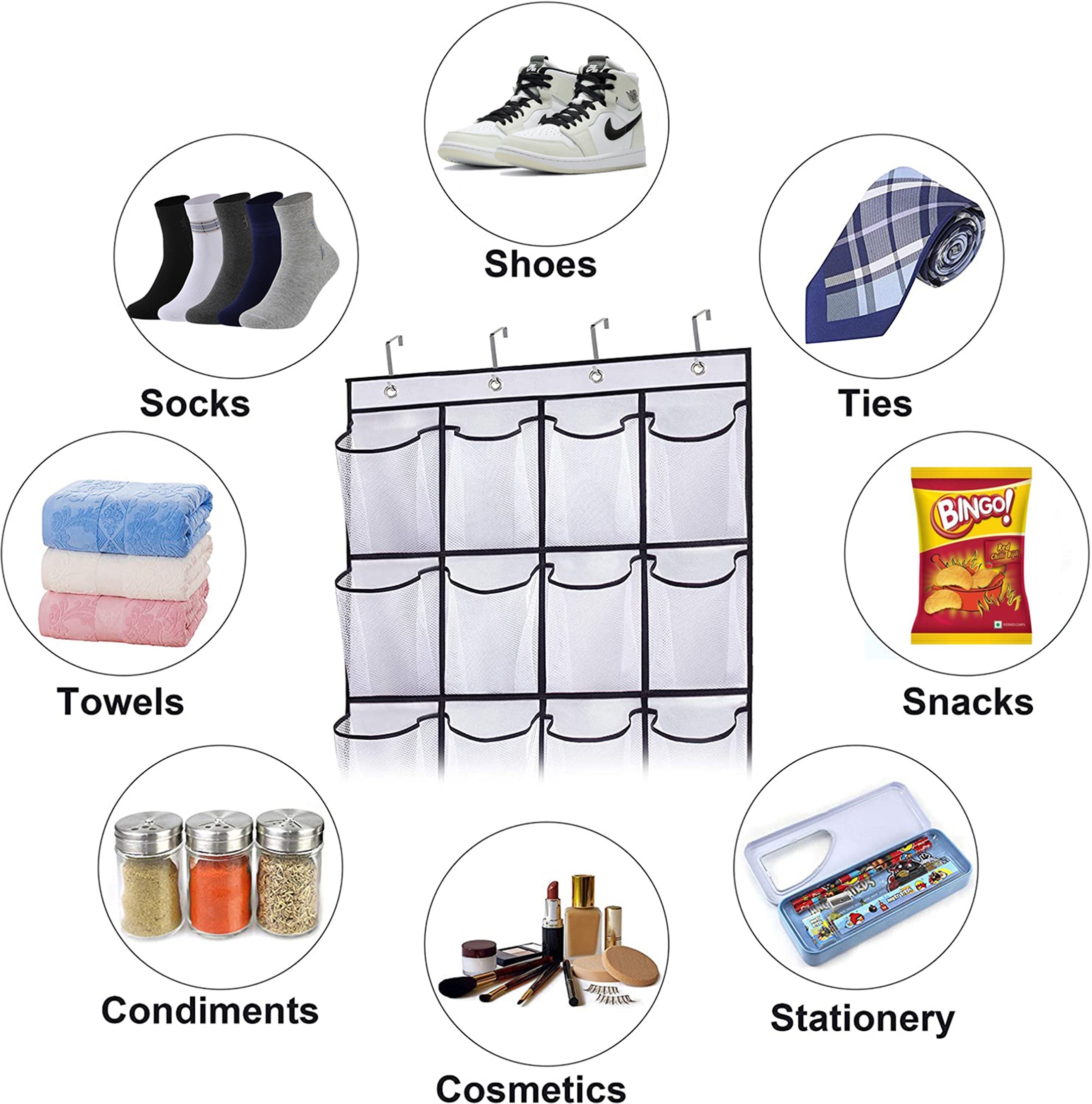 MISSLO 24 Pairs Over The Door Hanging Shoe Organizer 2 Packs Mesh Pockets Shoe Storage Rack Behind Door Shoe Holder Hanger， White