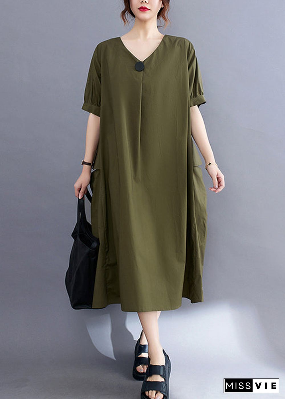 Style Army Green V Neck Pockets Cotton Maxi Dress Summer