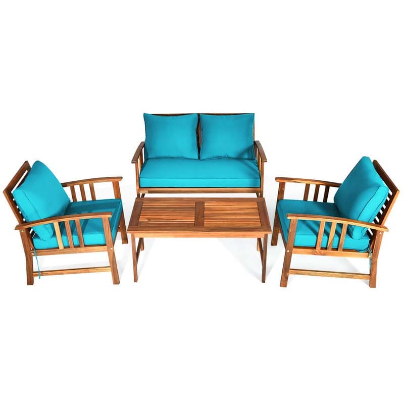 4 Pcs Acacia Wood Patio Furniture Set Outdoor Sofa Chair Conversation Set with Seat & Back Cushions