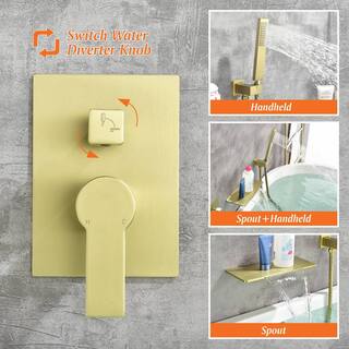 FLG Single-Handle Wall Mount Roman Tub Faucet with Hand Shower Waterfall Bath Tub Filler in Brushed Gold SS-0143-BG