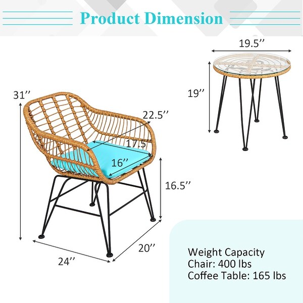 Costway 3PCS Patio Rattan Bistro Furniture Set Cushioned Chair Table