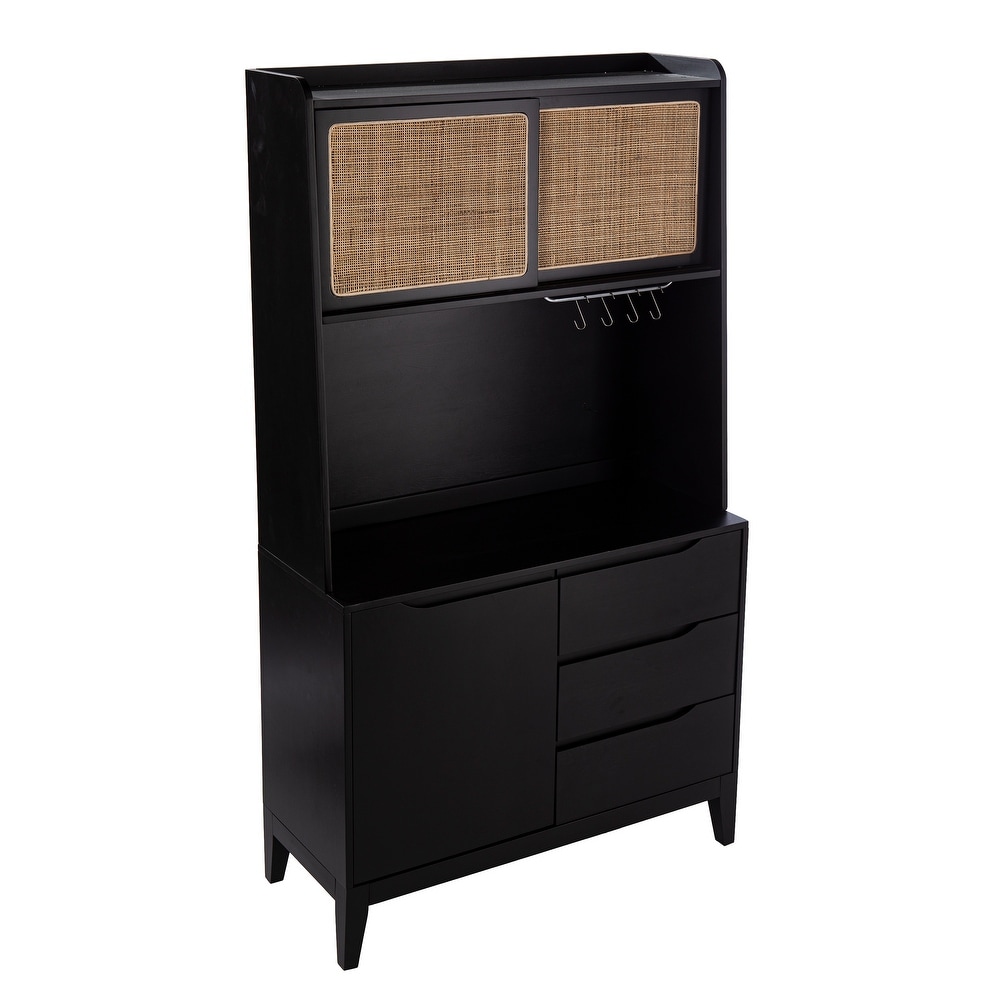 SEI Furniture Transitional Black Wood Rattan Storage Buffet Cabinet