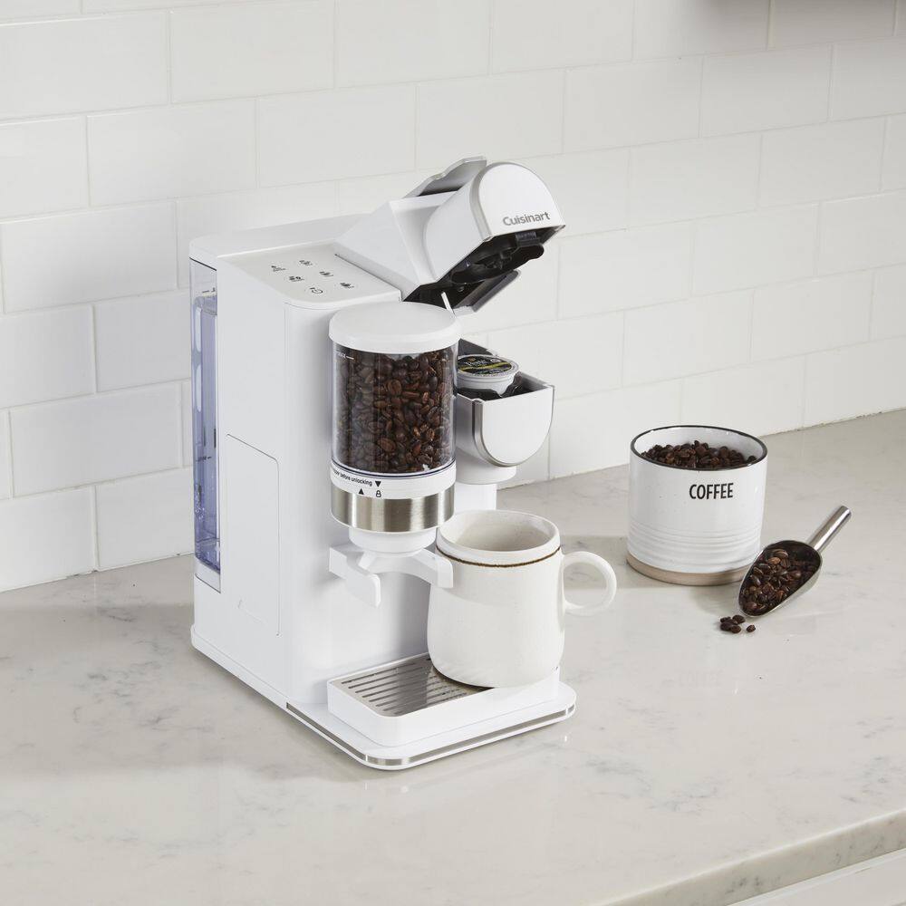 Cuisinart Grind and Brew Single Serve 1-Cup White Coffee Maker with Conical Burr Grinder DGB-2W