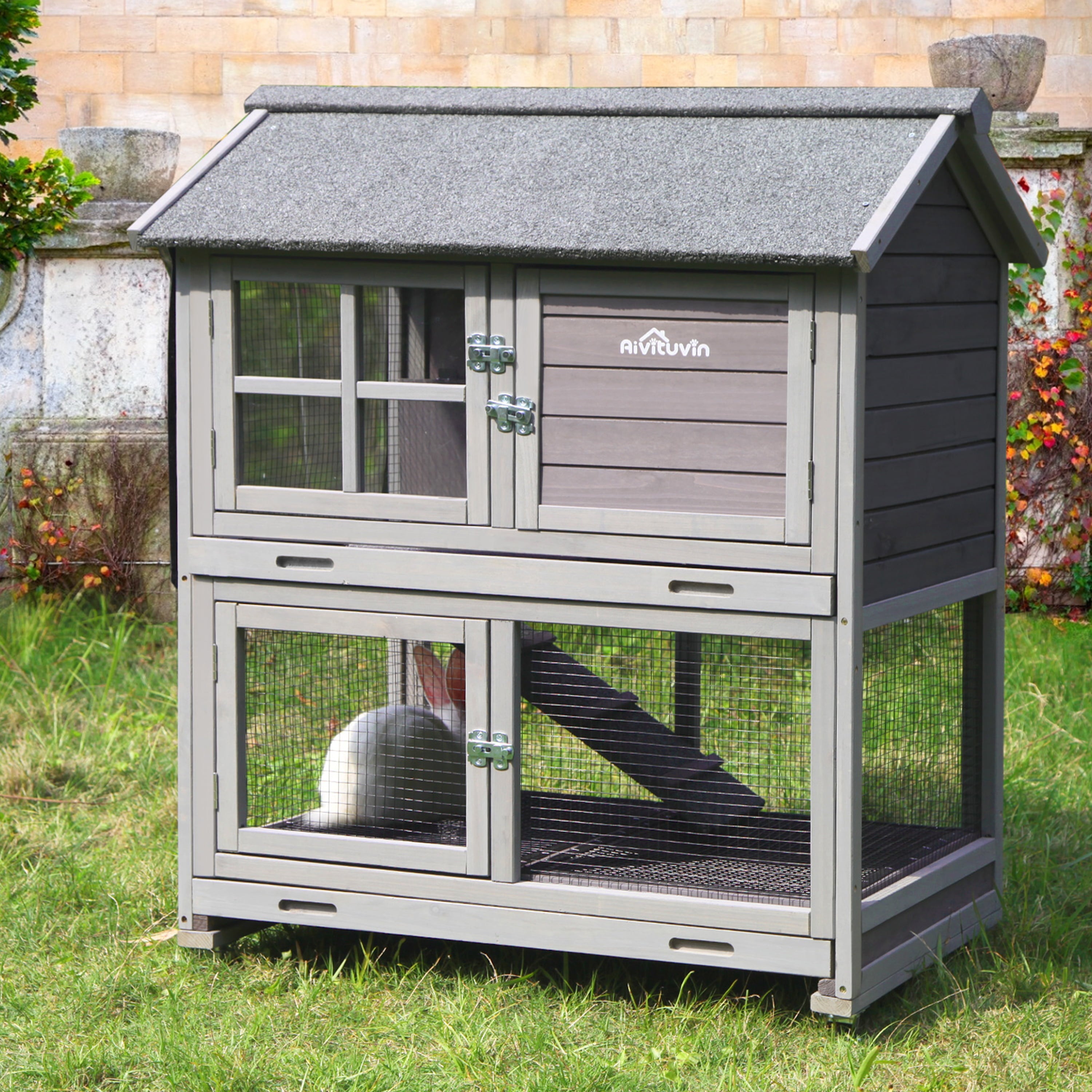 Morgete Outdoor Rabbit Hutch Bunny House with Wheels， Wooden Guinea Pig Cage for Small Animals