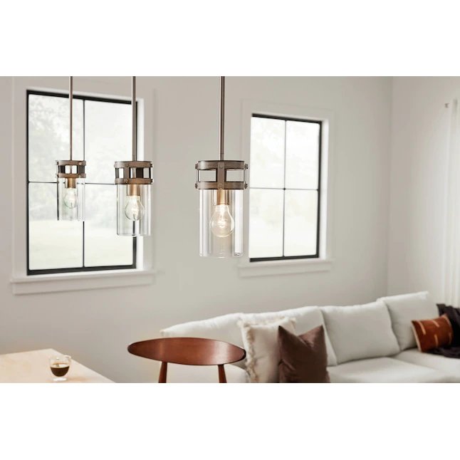 Kichler 82326 Stetton Anvil Iron and Distressed Antique Grey Rustic Clear Glass Cylinder Mini Pendant Light