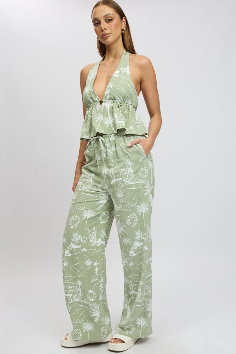 Green Abstract Wide Leg Pants High Rise
