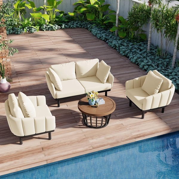 4Piece Iron Frame Outdoor Patio Conversation Set with Cushion for Backyard，Deck，Poolside，Indoor Use