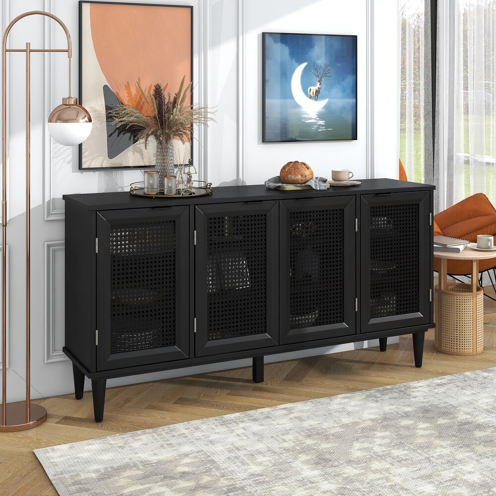 Buffet Sideboard Cabinets with Artificial Rattan Door  Unobtrusive Doorknob  Vintage Freestanding Storage Cabinet  Console Table