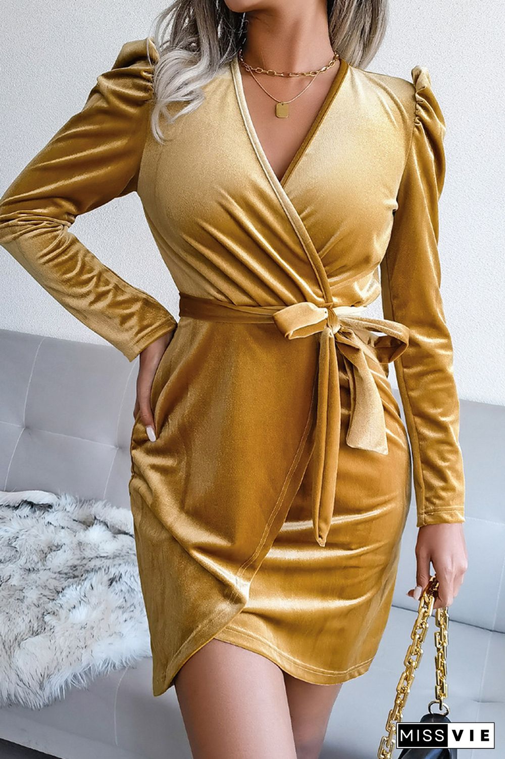 Puffy Sleeves Wrap V Neck Velvet Bodycon Dress