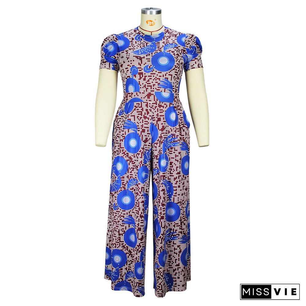 Plus Size Printed Short Sleeve Loose Wide Leg Jumpsuit