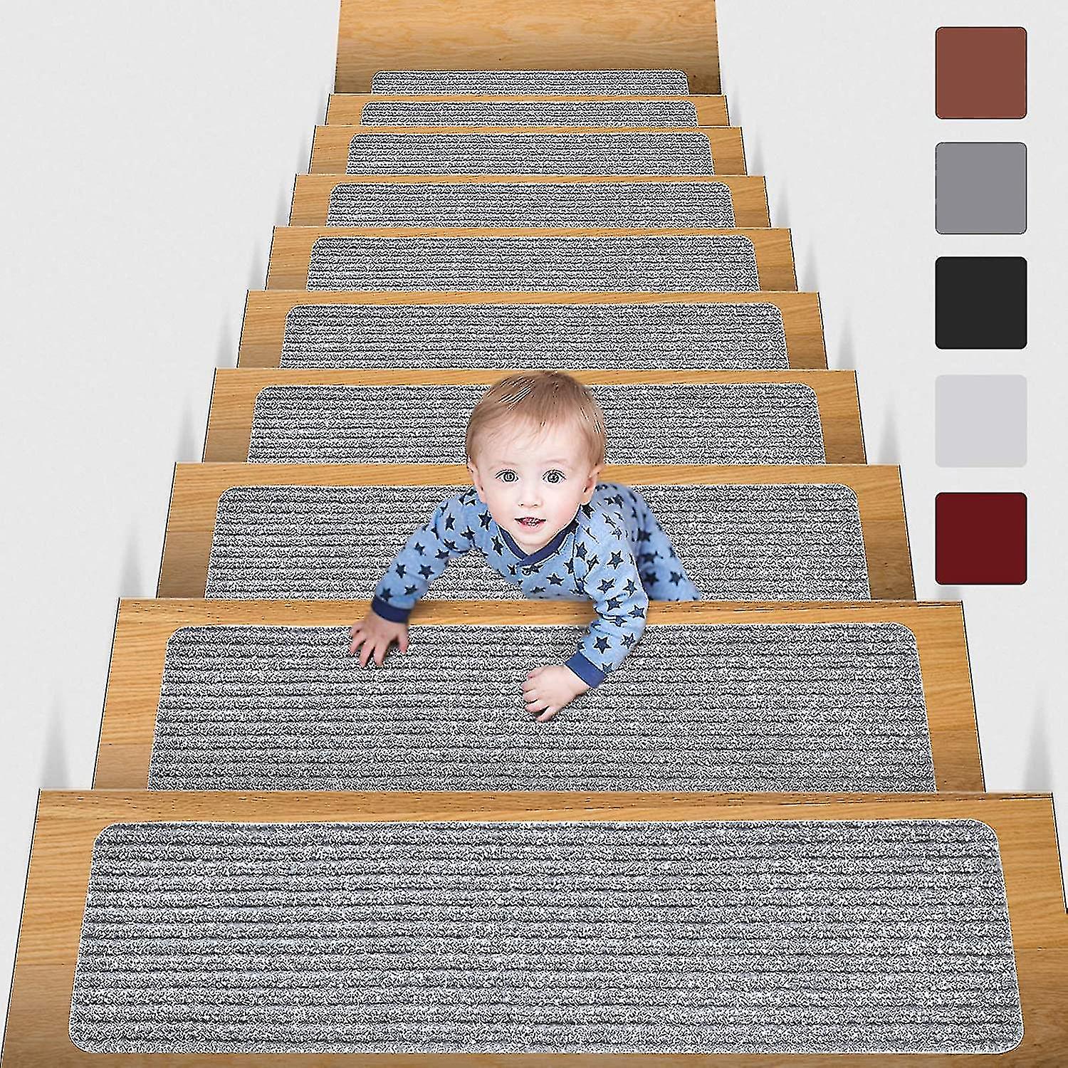 Set Of 15 Stair Mats 20cm X 76cm Self Adhesive Stair Tread Carpet Safety Tread Carpet For Kids， Elders And Pets， Red