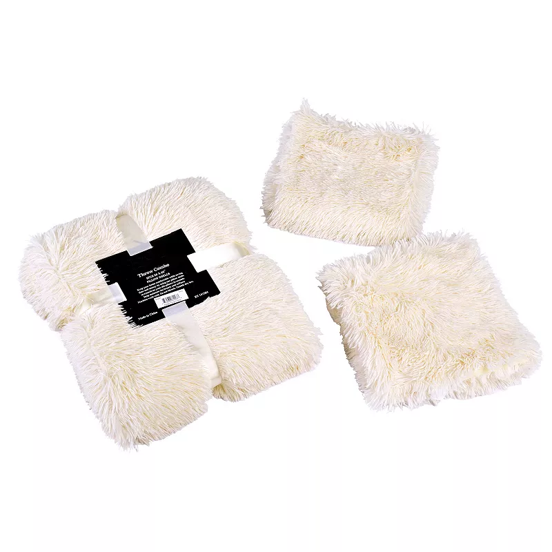 Shaggy Faux Fur Throw with 2 Pillow Shell Set