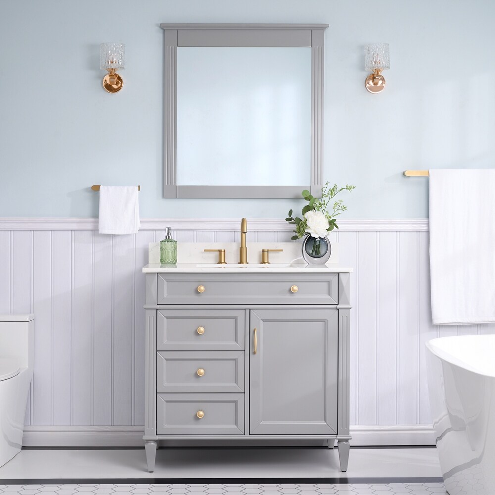 35''H Solid Wood Bath Vanity with Carrera White Quartz Top and Sink