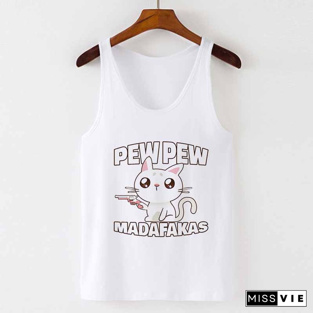 Camisole Sexy Vest Tank Tops Murderous Black Cat With Gun Funny Pew Pew Madafakas Print Women Sleeveless Halloween T Shirt