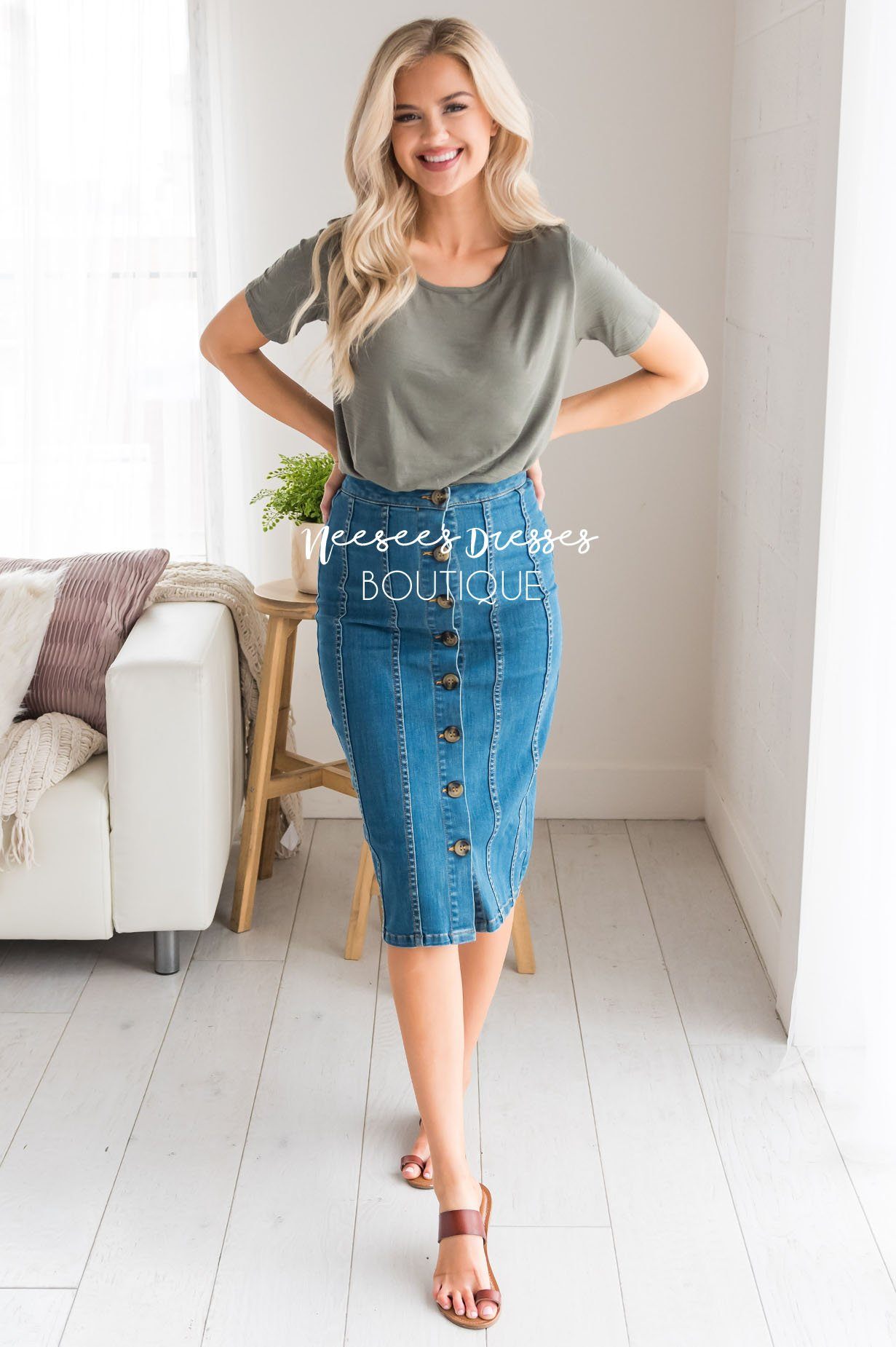 Button Front Modest Denim Skirt