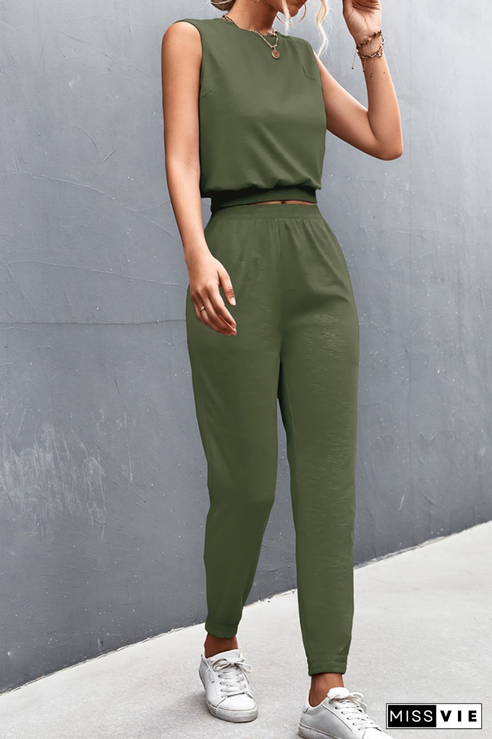 Solid Color Sleeveless Top & Pants 2 Pcs Set Wholesale