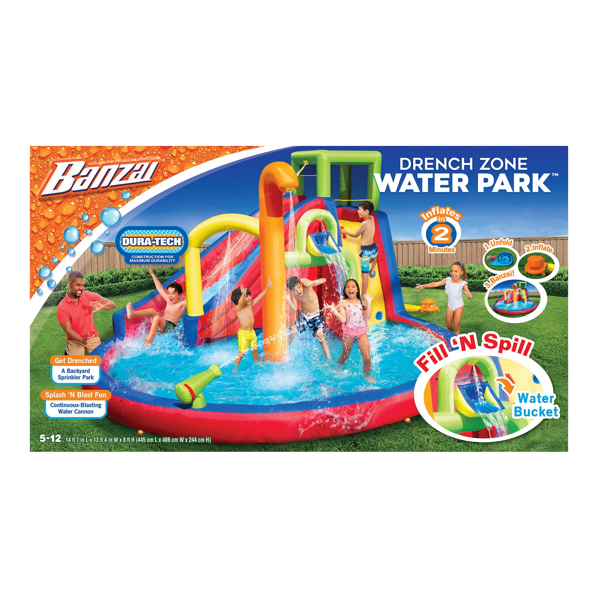 Banzai Drench Zone Water Park - With Soaker Bucket + Water Cannon + Sprinklers, (14' 7" L x 13' 4" W x 8' H), Recommended Ages 5+