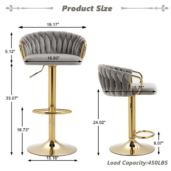 Set of 2 Bar Stool Adjustable Height Swivel Velvet Woven