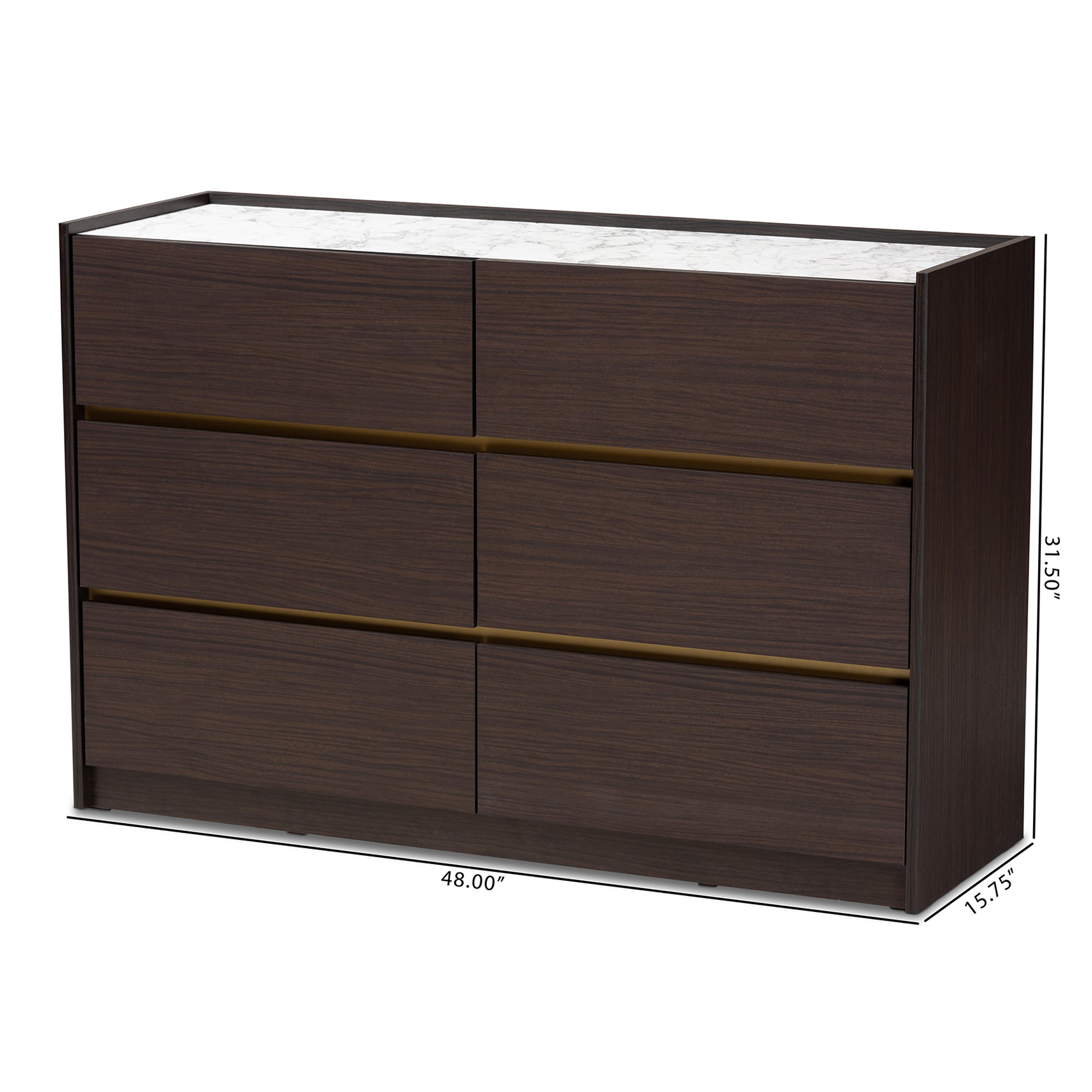 Baxton Studio Walker Modern and Contemporary Dark Brown and Gold Finished Wood 6-Drawer Dresser with Faux Marble Top