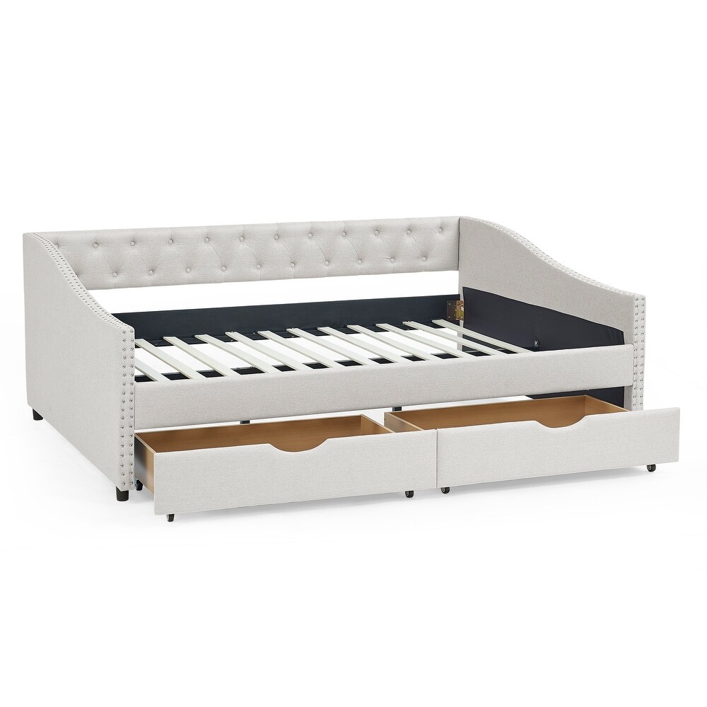 Upholstered Tufted Daybed with Drawers and Copper Nail on Waved Shape Arms