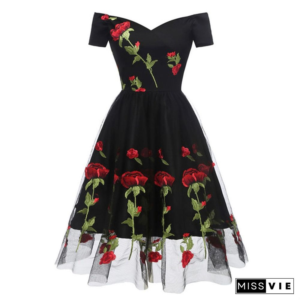 New Spring Summer Evening Dresses Ball Women Rose Embroidery Dress V Neck Real Off Shoulder Knee Length Cocktail Formal Floral Printed Dresses Vestidos