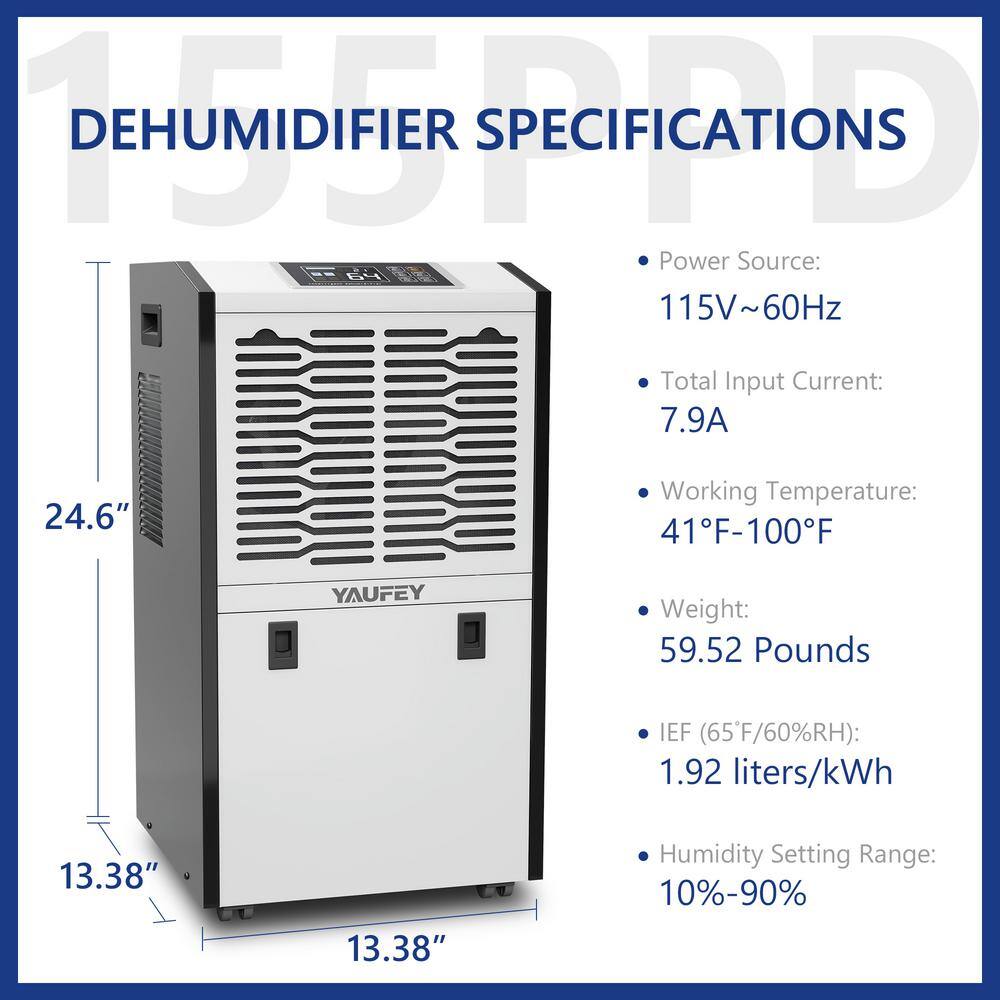 Yaufey 155-Pint Industrial Dehumidifier with Intelligent Drying for Warehouses Basements up to 8000 sq ft White HDCX-DP600C