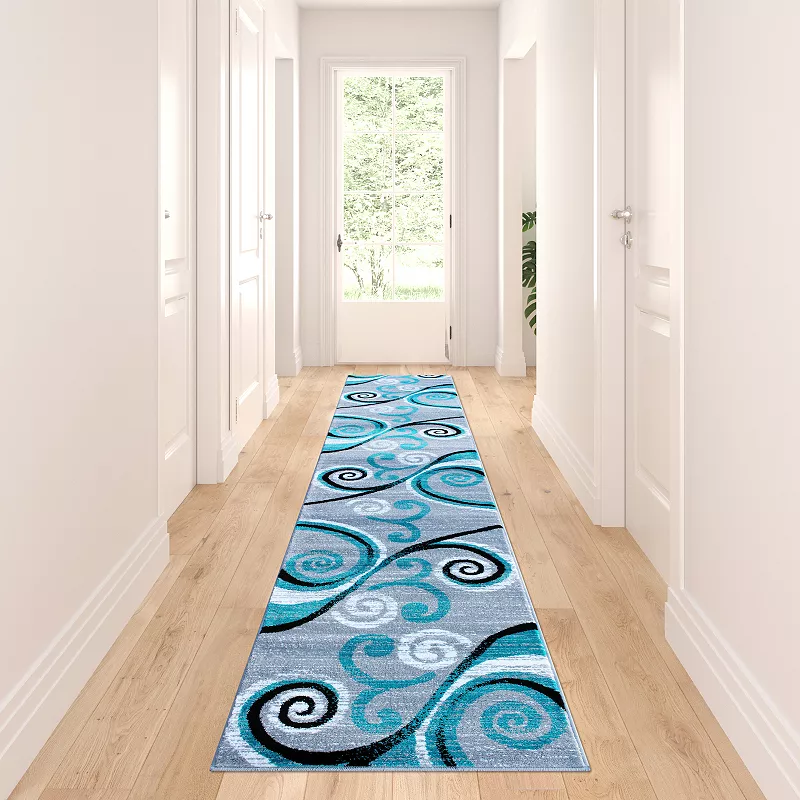 Masada Rugs Masada Rugs Stephanie Collection 2'x11' Area Rug Runner with Modern Contemporary Design in Turquoise， Gray， Black and White - Design 1100