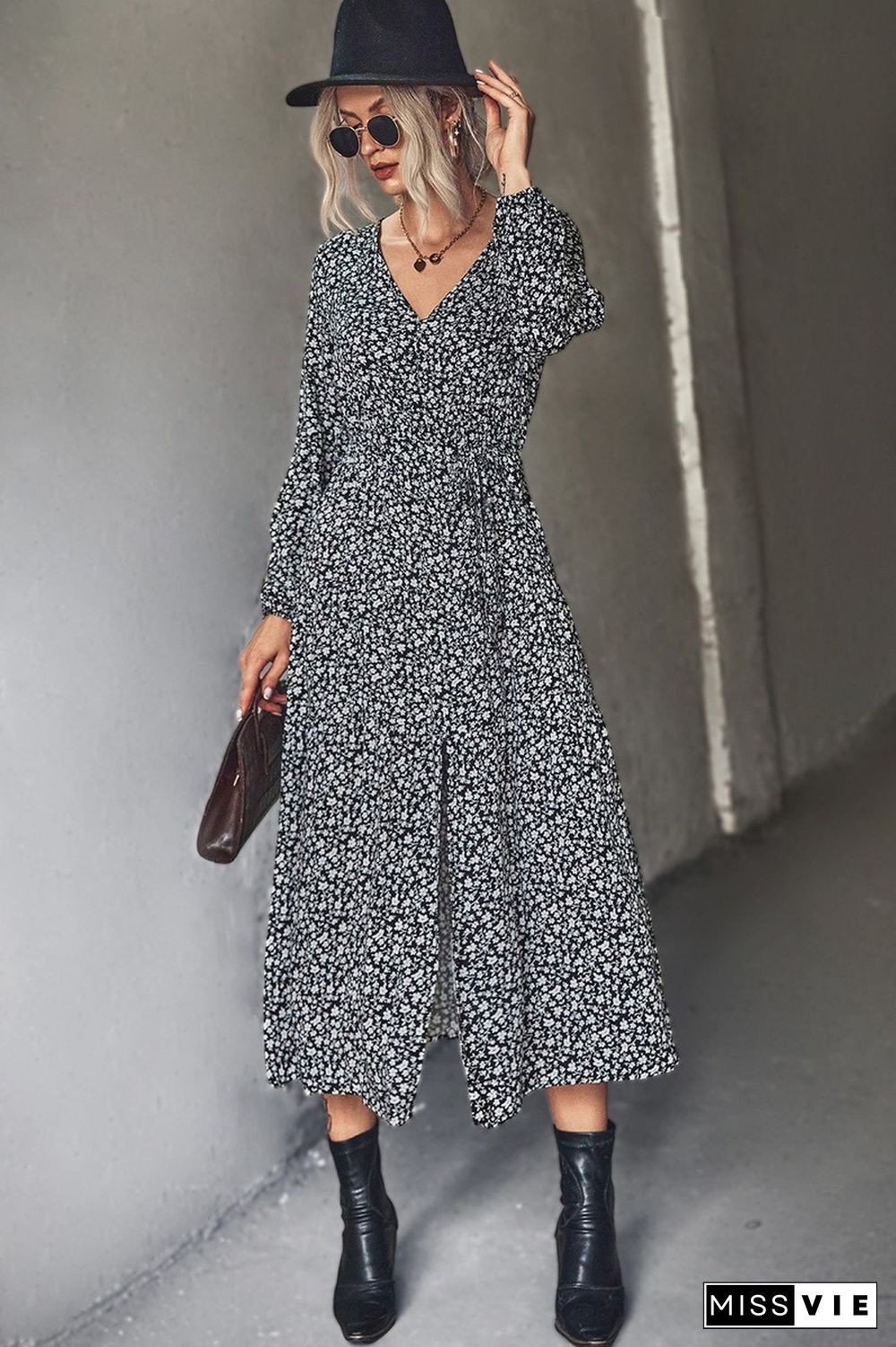 Elegant Floral Print Hem Split Dress For Women Spring Dresses New Button V-Neck Long Sleeve High Waist Maxi Dress