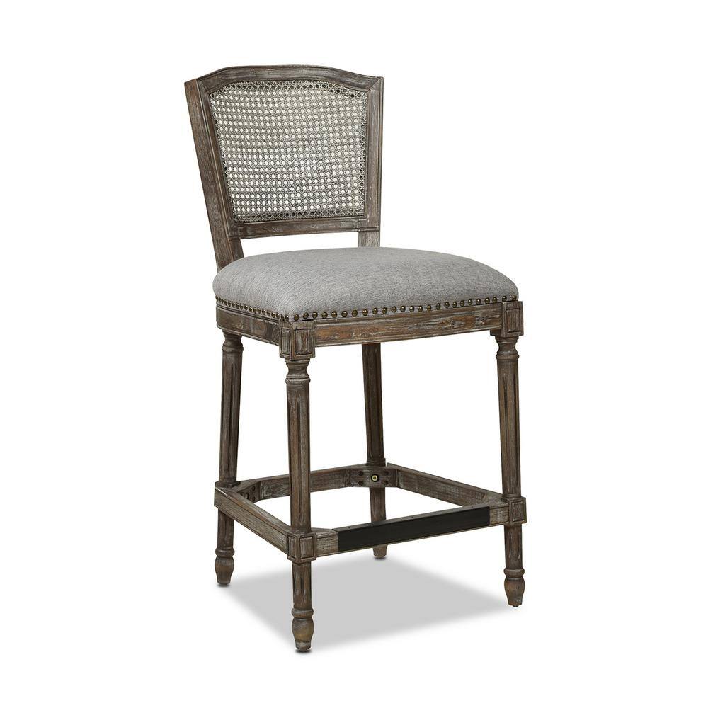 Jennifer Taylor Triomphe 26 in. Heathered Grey High Back Rattan Wicker Counter Bar Stool with Linen Seat 81220-MLH