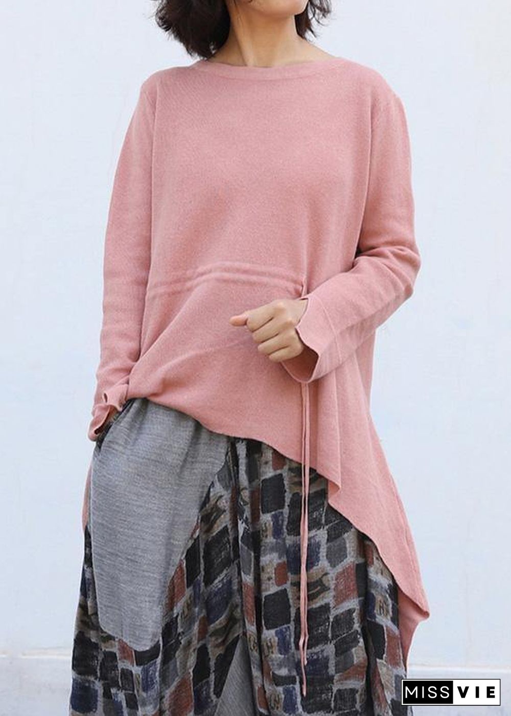 Winter o neck pink knitted blouse plus size clothing drawstring asymmetric top