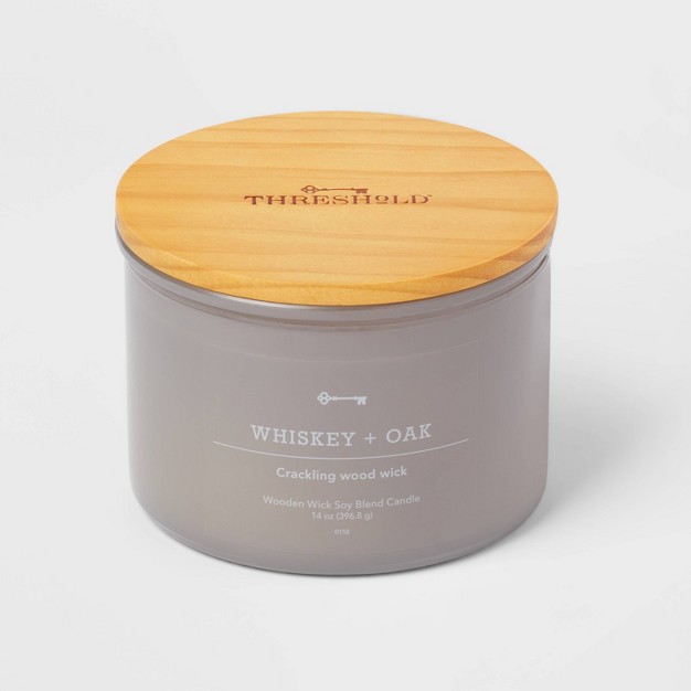 14oz Lidded Gray Glass Jar Crackling Wooden 3 wick Candle With Clear Label Whiskey Oak