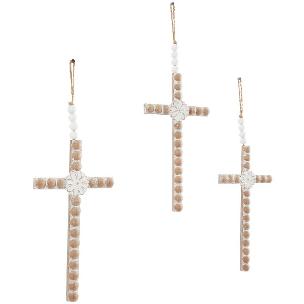 Set Of 3 Wood Biblical Carved Beaded Crosses Wall Decors With Rope Hanger Light Brown Olivia amp May