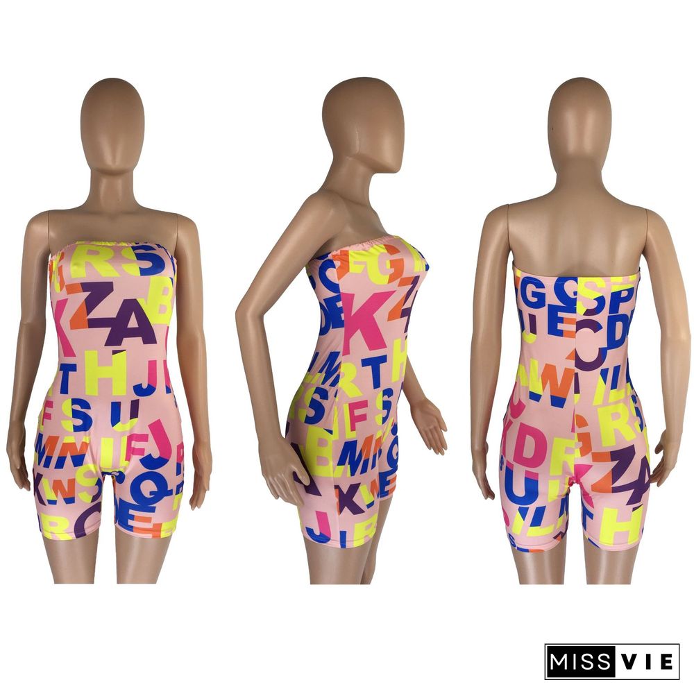 Hot Sale Women Letter Print Strapless Sexy Club Bodycon Mid Waist High Stretch Summer One Piece Romper