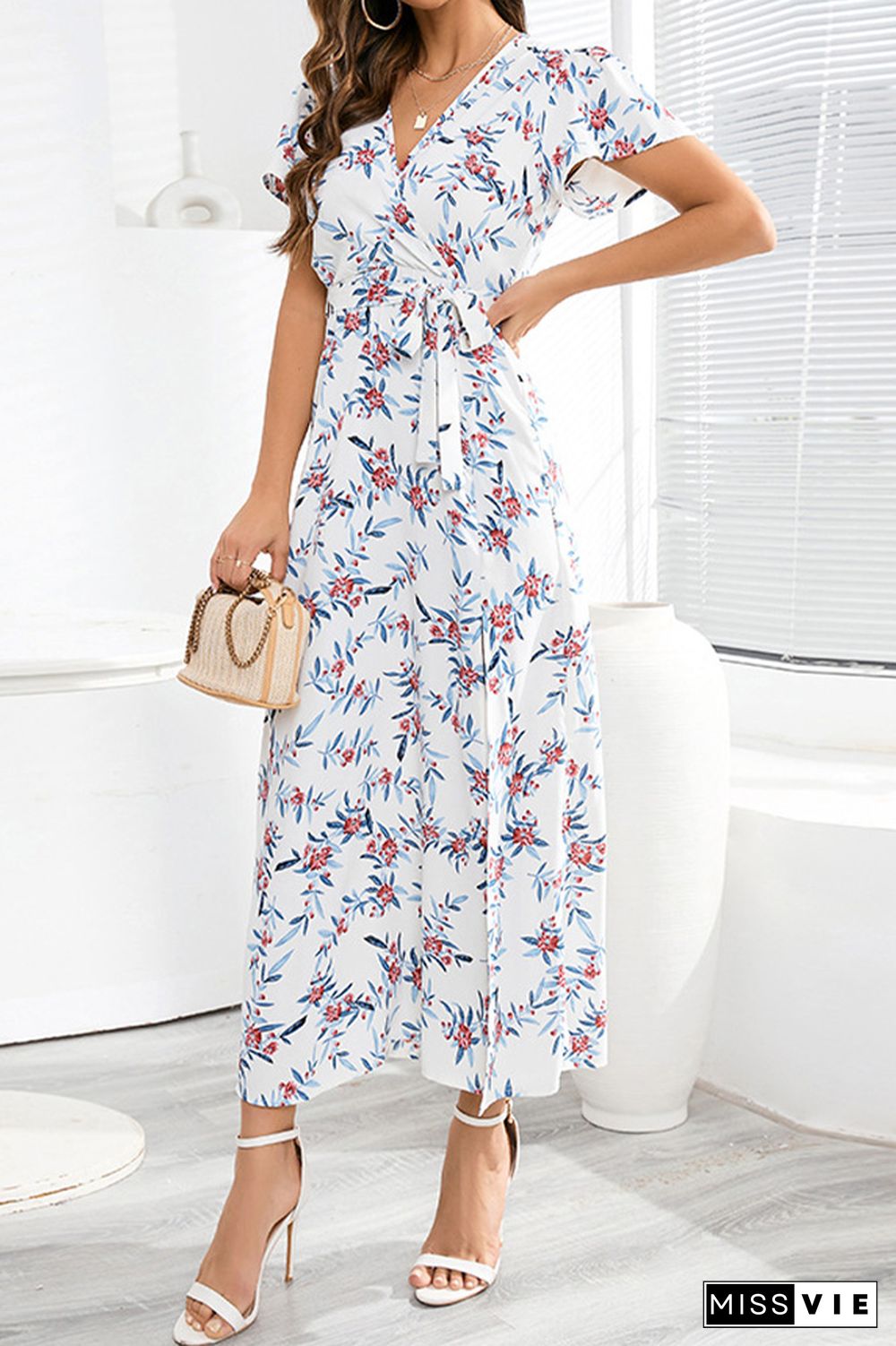 Flower Print Waist Tie Surplice Split Dress