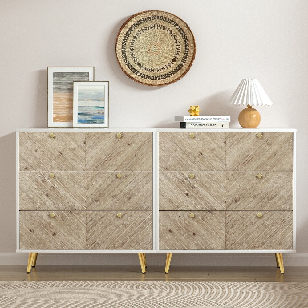 Anmytek Modern 3 Drawer Dresser Herringbone Bedroom Dresser Chest of Drawer with Gold Legs