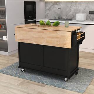 Black Wood 52.2 in. Kitchen Island with Storage Cabinet and 2-Drawers LN20232838