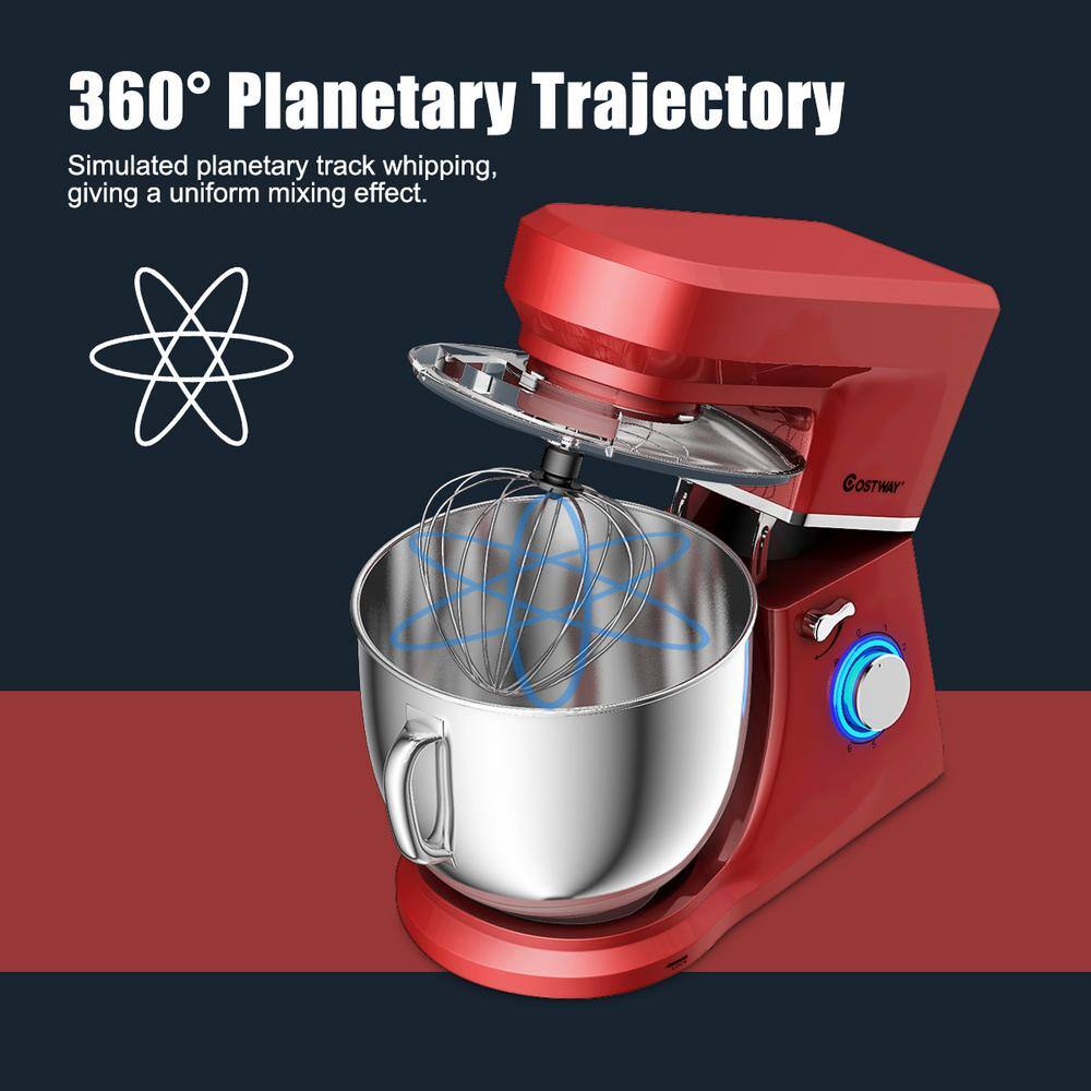 Costway 660W 7.5 qt. . 6-Speed Red Stainless Steel Stand Mixer with Dough Hook Beater EP24647RE