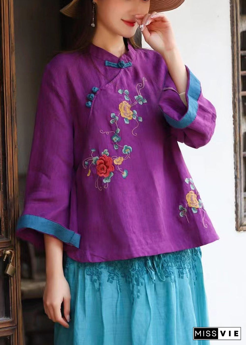 Chinese Style Blue Stand Collar Embroideried Linen Blouse Tops Long Sleeve